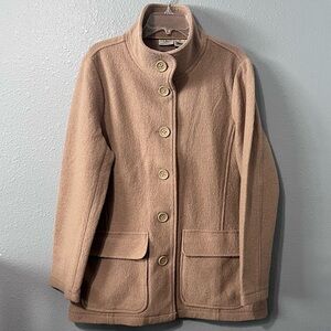 LL Bean Bellandi 100% Wool Coat Womens Sz XL Tan Mid Length Jacket Italy Vintage